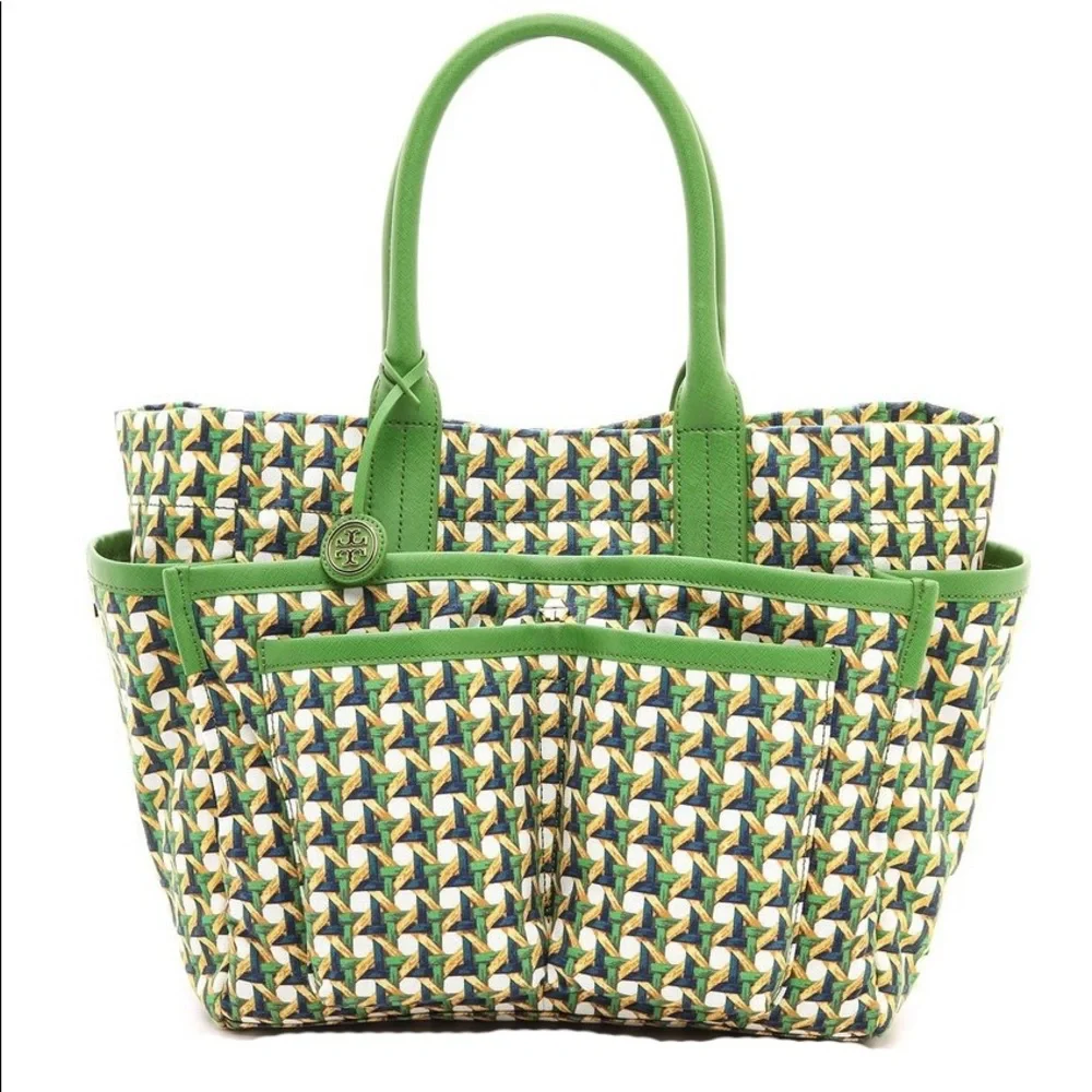 Tory Burch Tote Carryall Green Canvas Print Katie